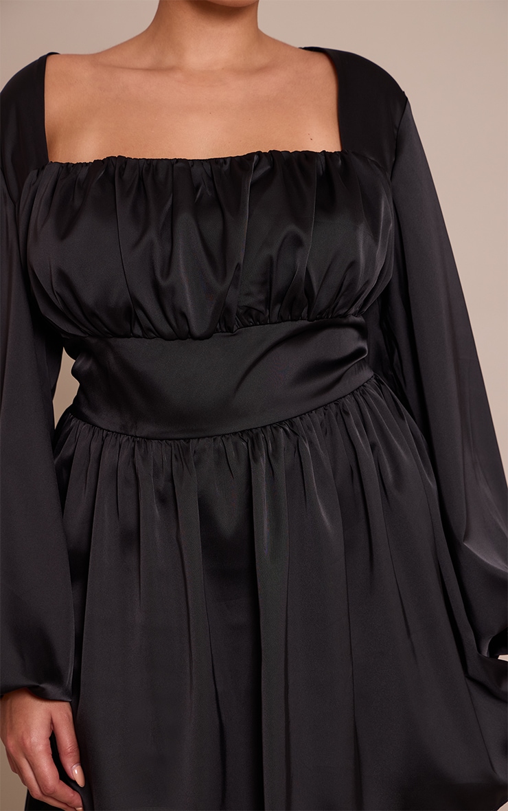 Plus Black Satin Ruched Cup Puff Sleeve Mini Dress image 4