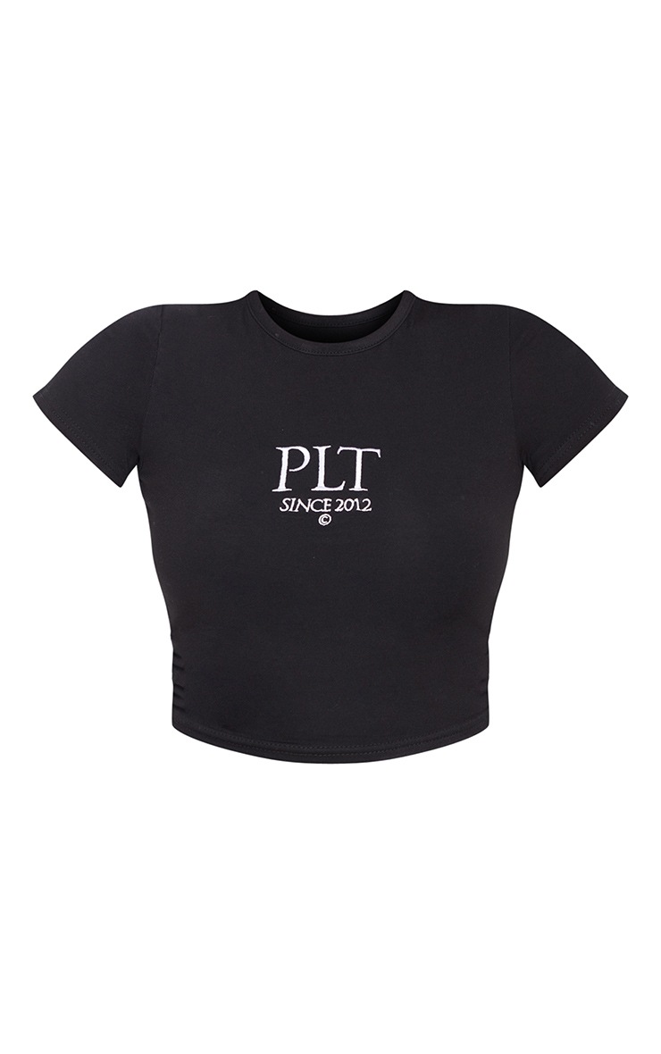 Black Plt Slogan Short Sleeve Cotton Crop T Shirt Prettylittlething Usa