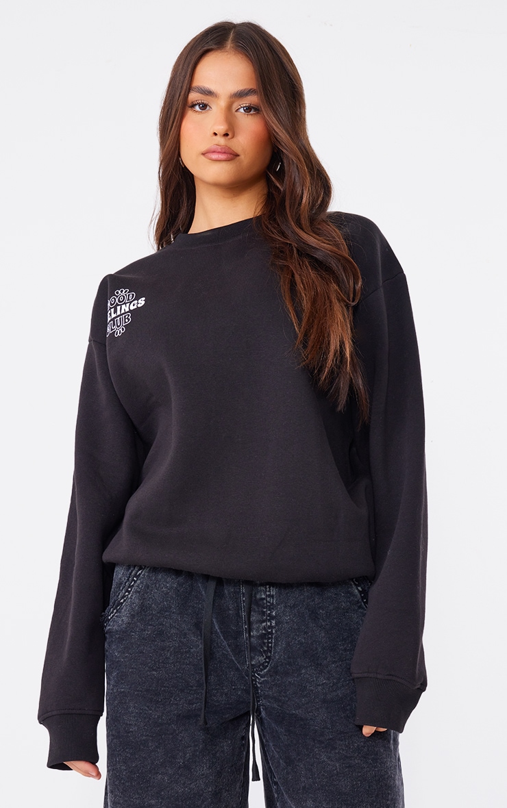 PRETTYLITTLETHING Black Good Feelings Club Printed Sweatshirt image 2