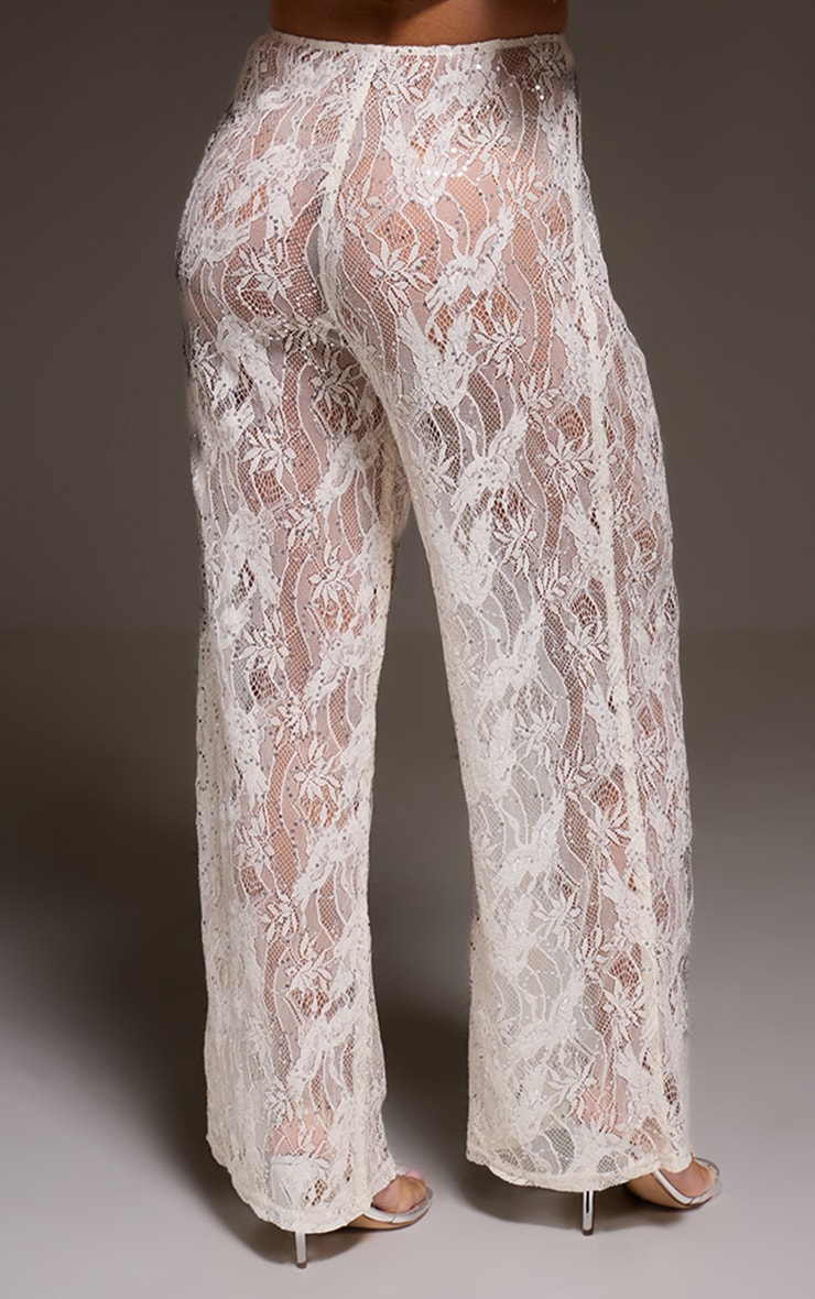 Pantalon en dentelle crème transparente à sequins image 3
