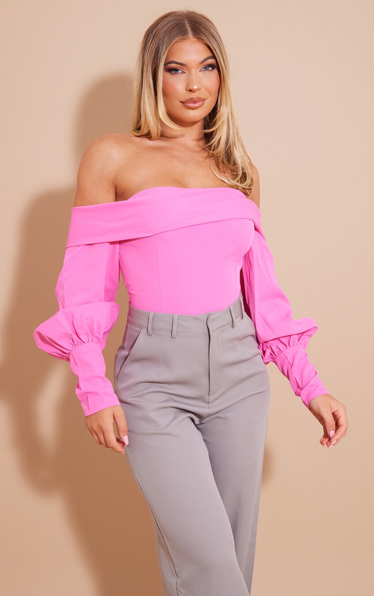 Pink Woven Bardot Frill Bodysuit Tops PrettyLittleThing KSA