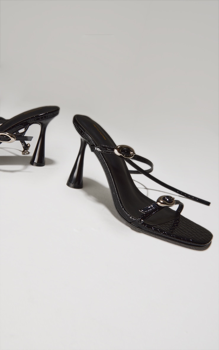 Black Croc PU Round Toe Silver Buckle Cross Strap Detail Heeled Sandals image 2