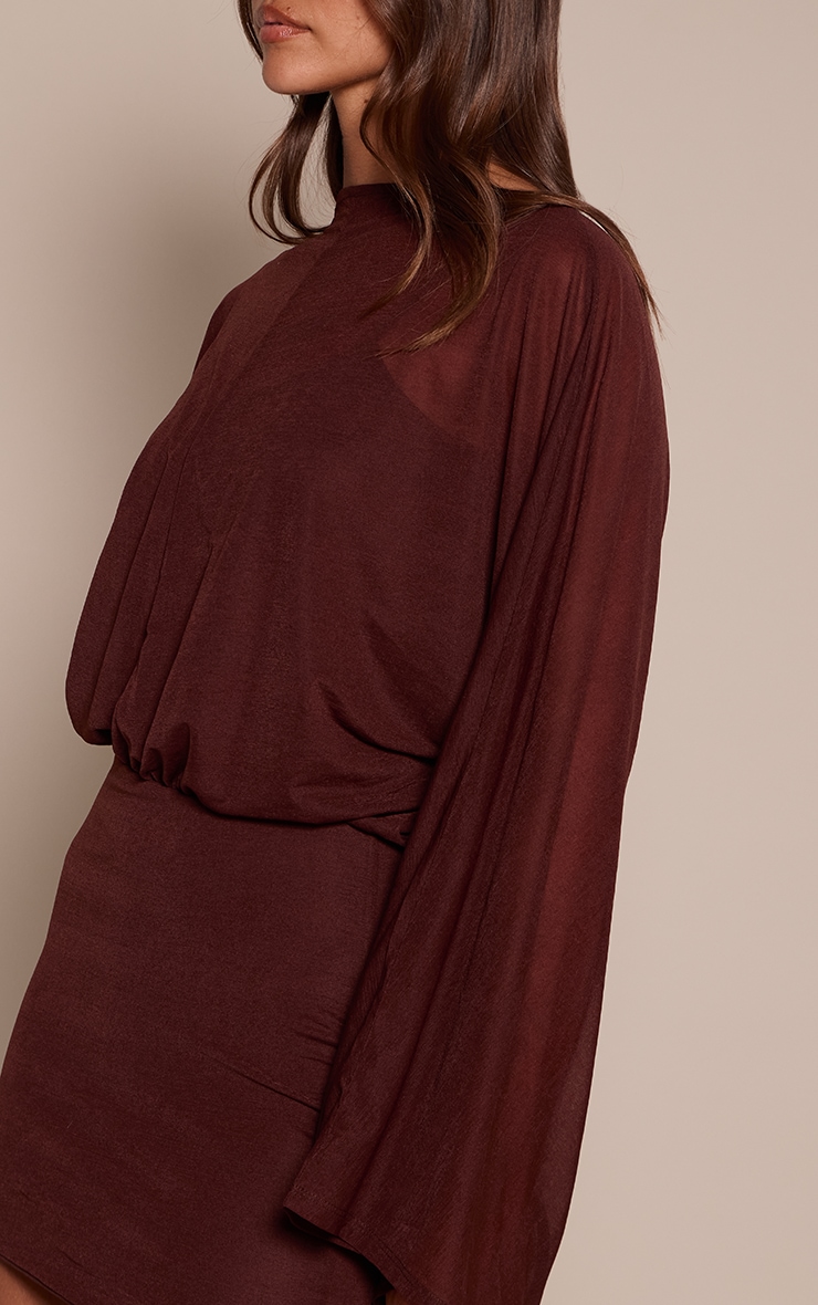 Chocolate Chiffon Overlay Long Sleeve Mini Dress image 4