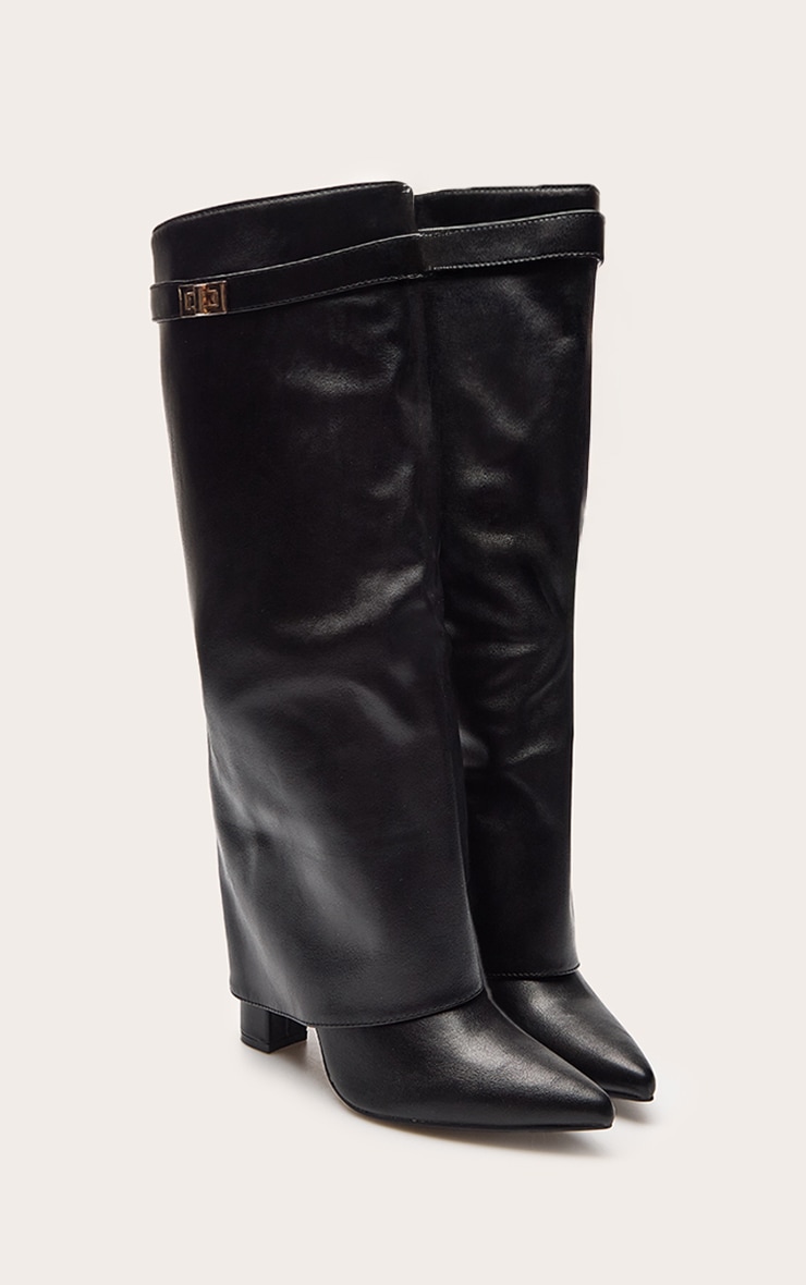 Black Faux Leather Block Heel Foldover Knee High Boot image 3
