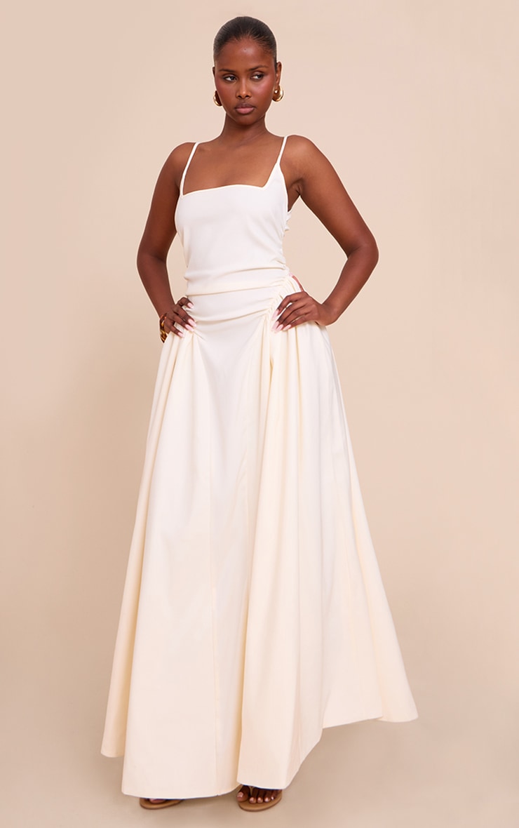 Cream Woven Ruched Strappy Midi Dress image 3