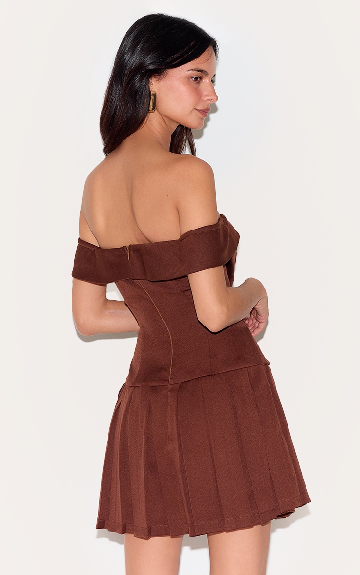 Chocolate Tailored Button Detail Bardot Pleated Skort Playsuit image 2