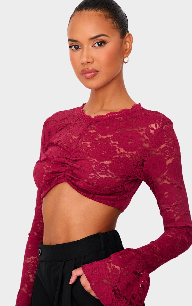 Burgundy Lace Extreme Crop Long Sleeved Top image 4