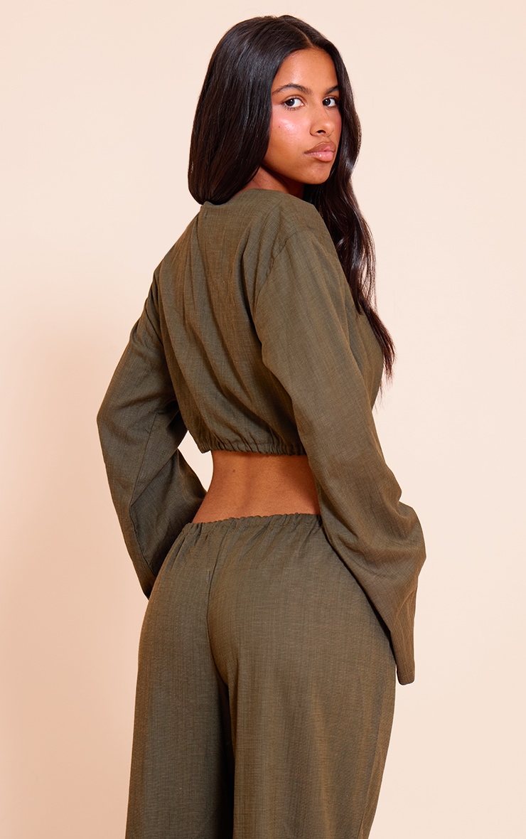 Petite Olive Tie Front Linen Blend Crop Top image 2