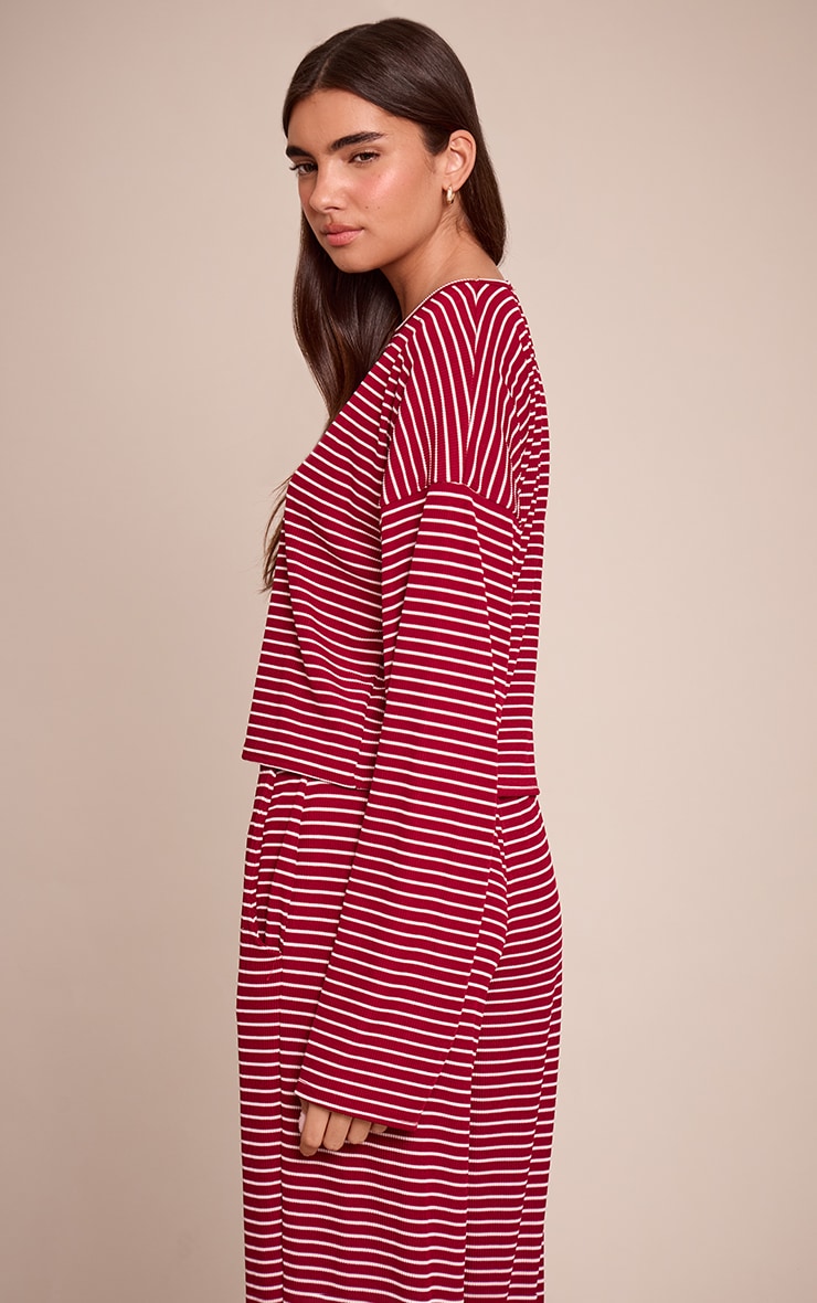 Burgundy Ribbed Stripe Oversized Slouchy Long Sleeve Top  image 2