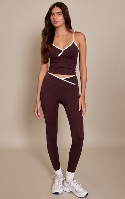Chocolate Sculpt Contrast Piping Wrap Waist Gym Leggings