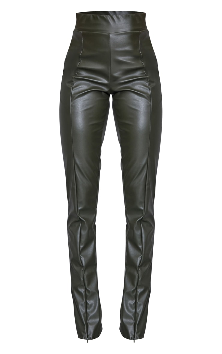 Khaki Faux Leather High Waisted Seam Detail Split Hem Pants image 5