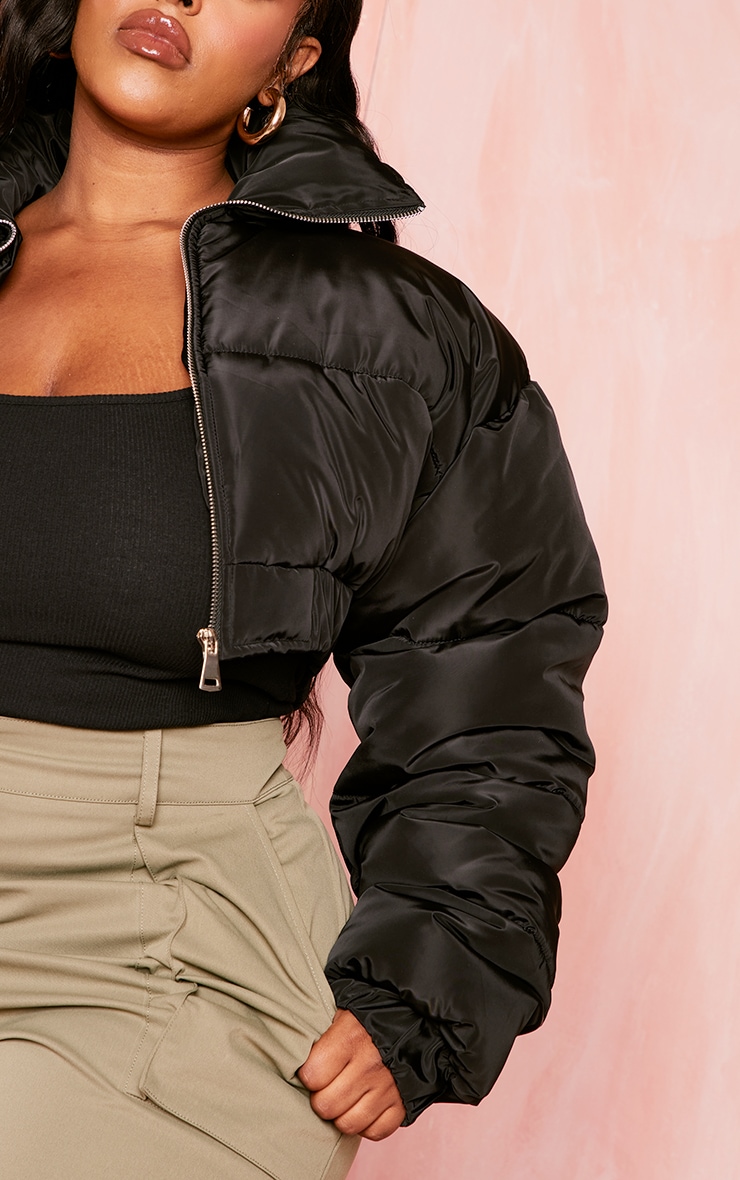 Plus Black Elastic Hem Cropped Puffer Jacket image 4