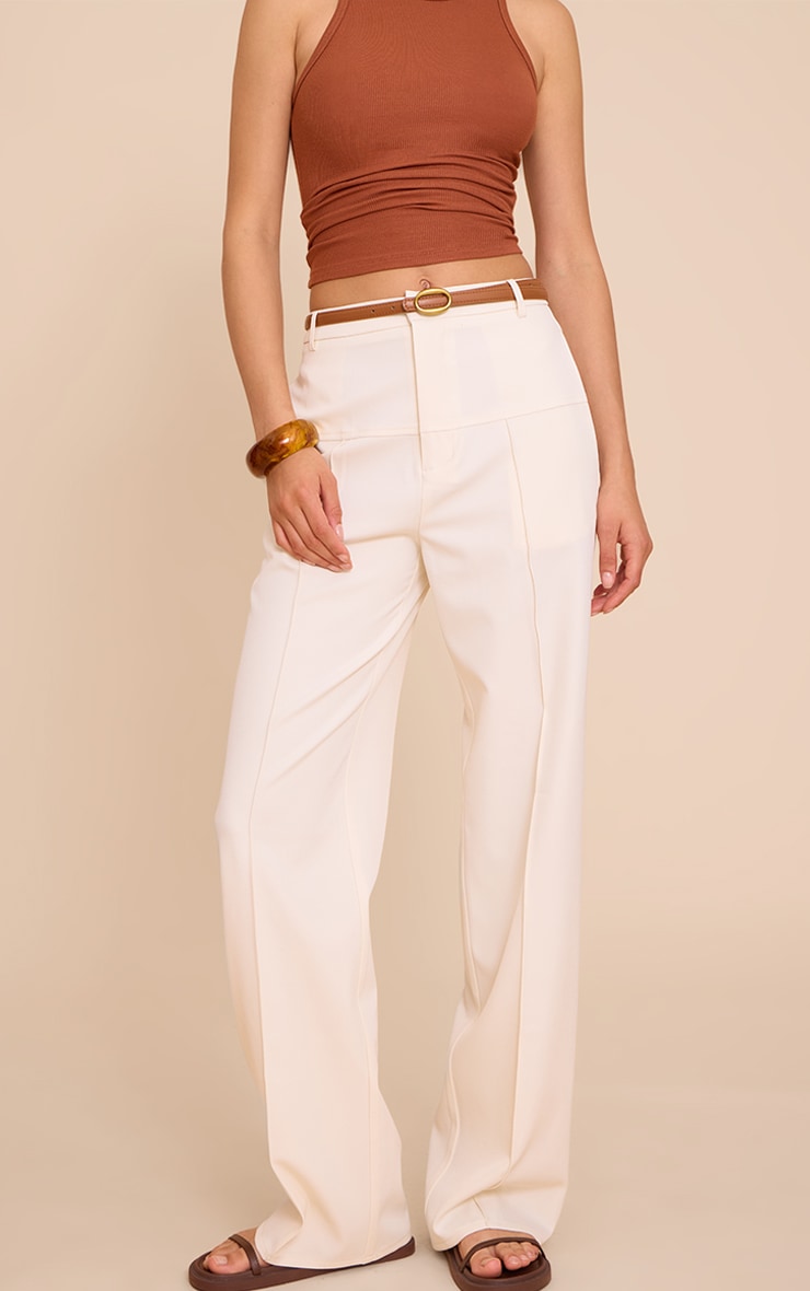 Cream Tailored Thick Belted Waistband Detail Wide Leg Trousers image 2