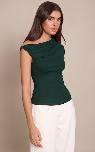 Forest Green Soft Rib Asymmetric Drape Detail Sleeveless Top