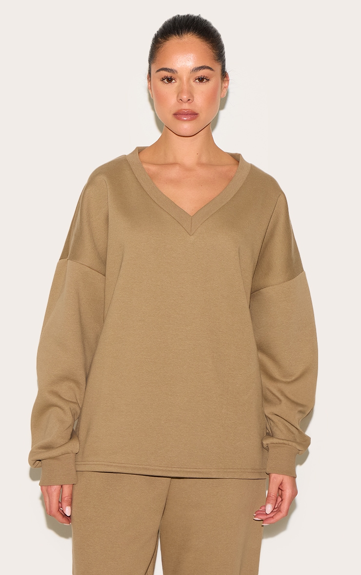 Taupe Oversized V Neck Sweatshirt image 1