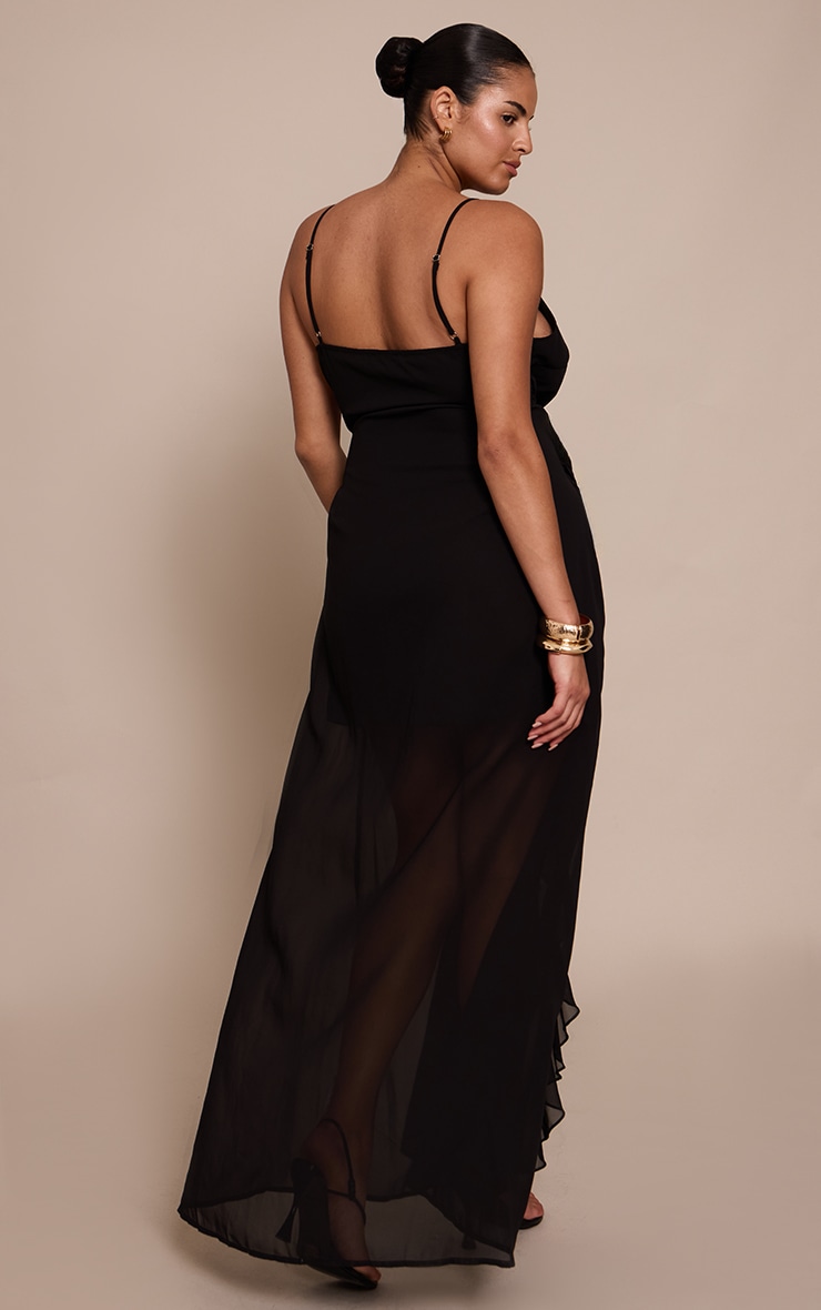 Plus Black Chiffon Frill Plunge Strappy Maxi Dress image 2
