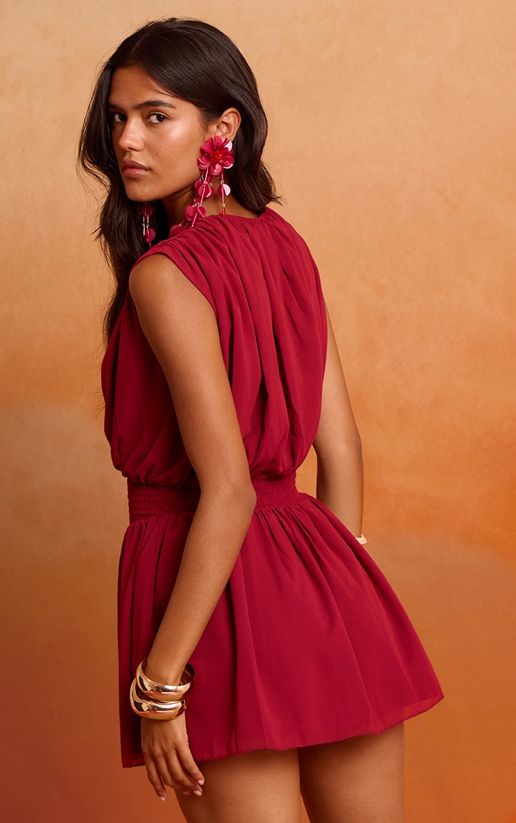 Deep Red Chiffon Shirred Mini Dress image 2