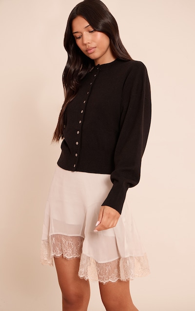 Grey Chiffon Lace Trim Hanky Hem Mini Skirt