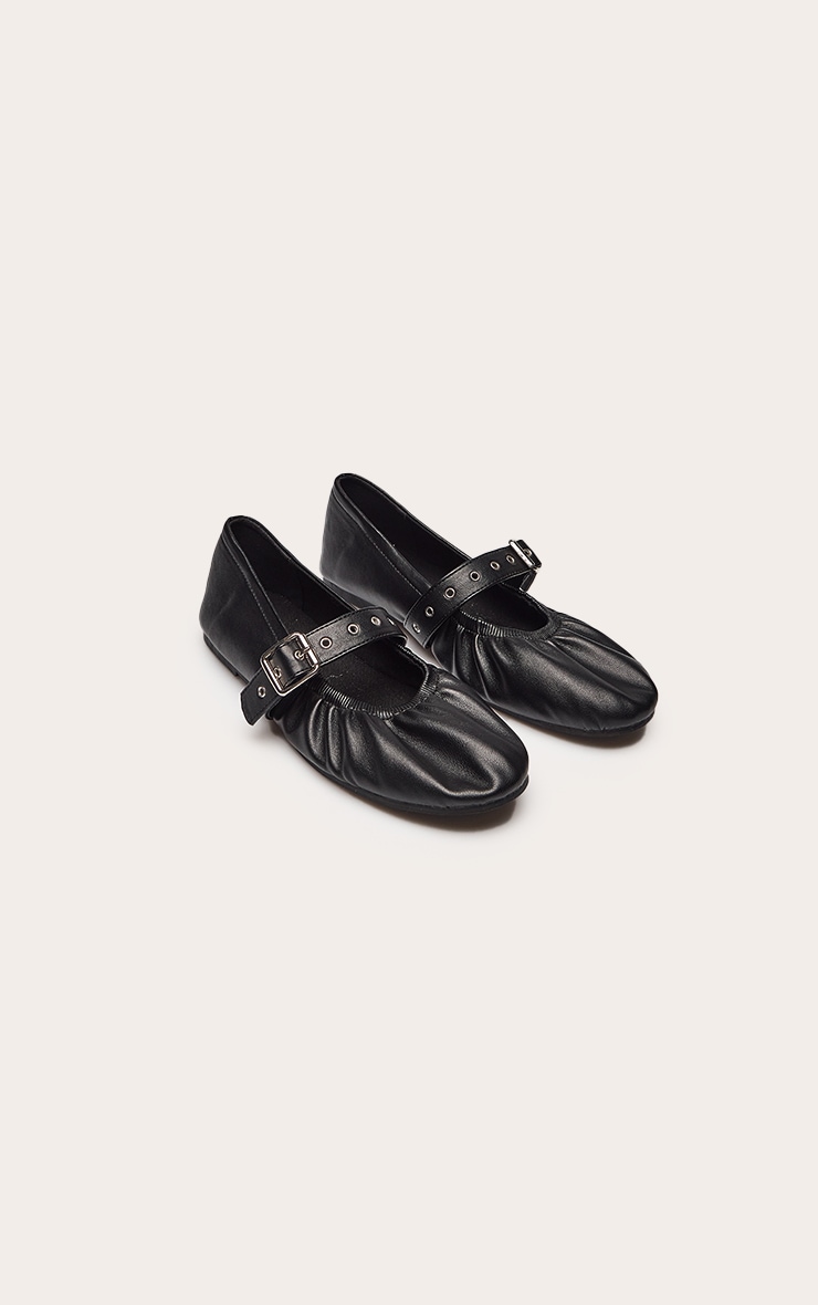 Black PU Ruched Buckle Detail Ballet Flat image 3