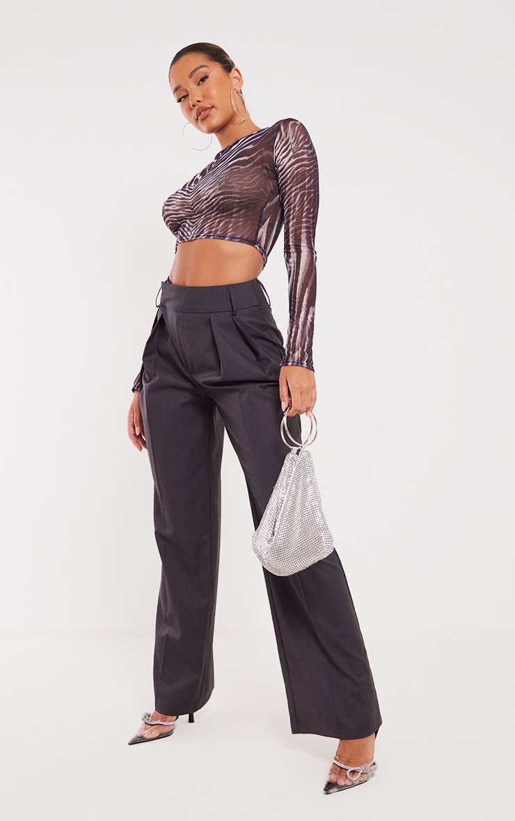 Black Printed Crew Neck Mesh Top image 3