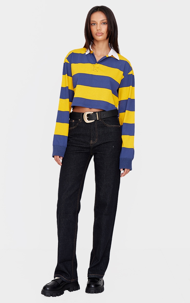 Mustard Striped Collared Crop Long Sleeve Top Tops PLT IRE
