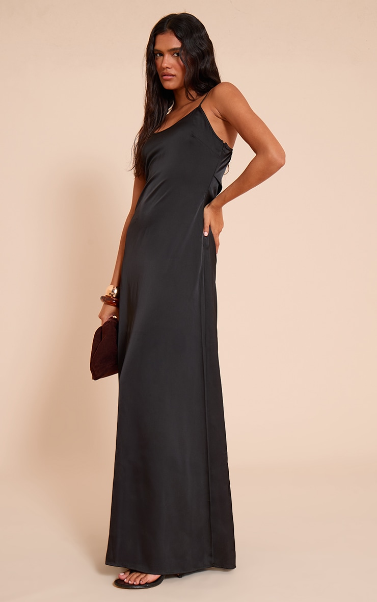 Black Satin Scoop Neck Spaghetti Strap Maxi Dress image 3