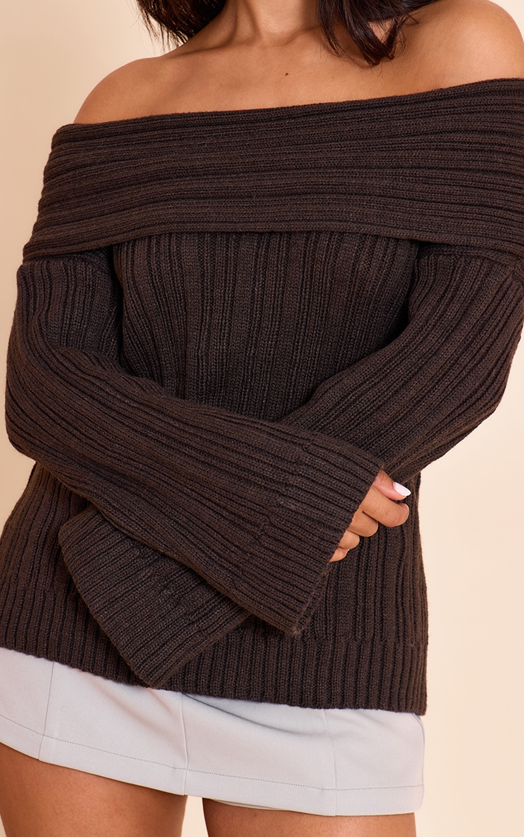 Petite Chocolate Off The Shoulder Knit Jumper