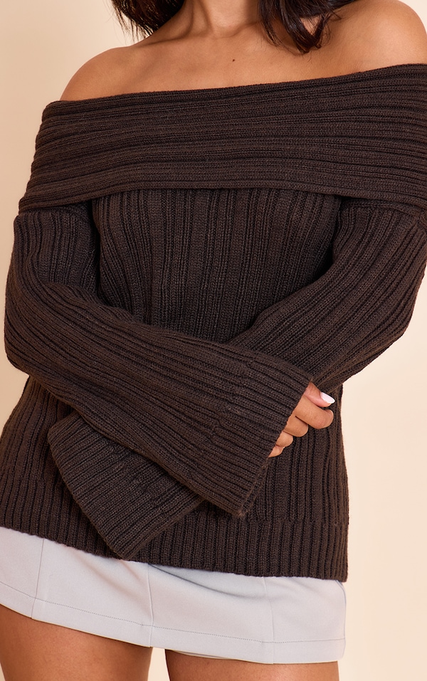 Petite Chocolate Off The Shoulder Knit Sweater