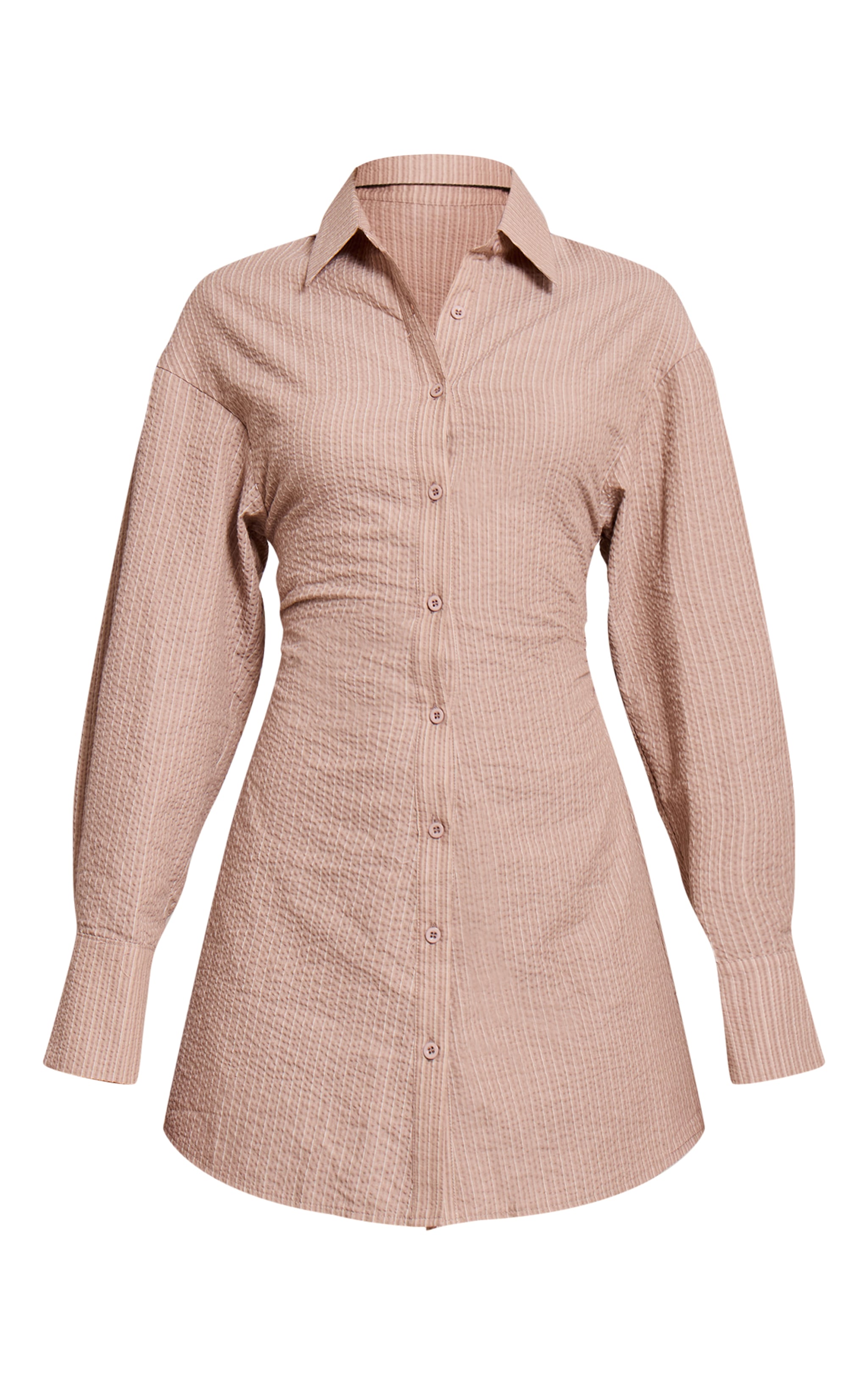 Robe chemise en coton seersucker taupe à fines rayures et taille cintrée image 5