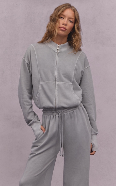 Ash Grey Acid Wash Funnel Neck Zip Sweatshirt