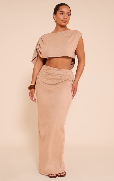 Shape Stone Faux Suede Ruched Side Split Maxi Skirt