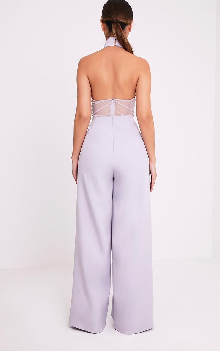 Nonie Grey Choker Neck Mesh Panel Wide Leg Jumpsuit PrettyLittleThing