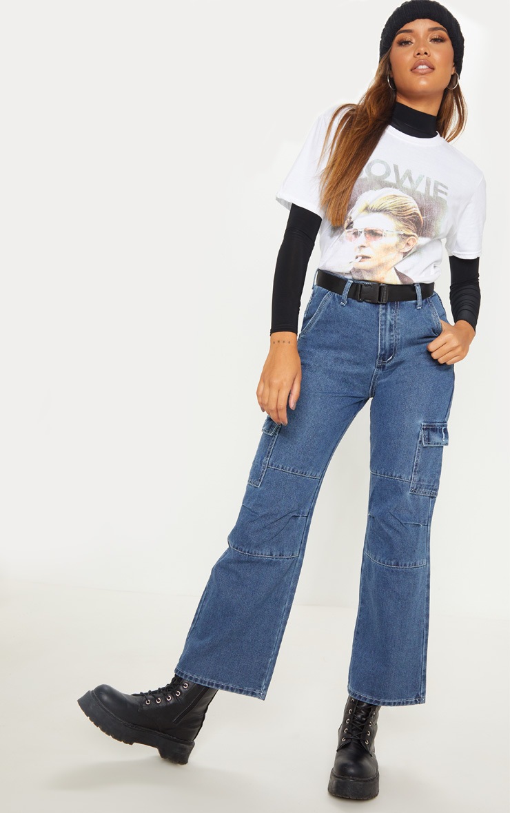 Dark Wash Contrast Stitch Cropped Wide Leg Cargo Jean