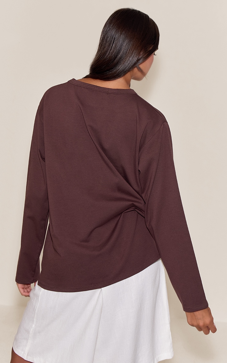 Dark Chocolate Cotton Basic Oversized Long Sleeve T-shirt image 2