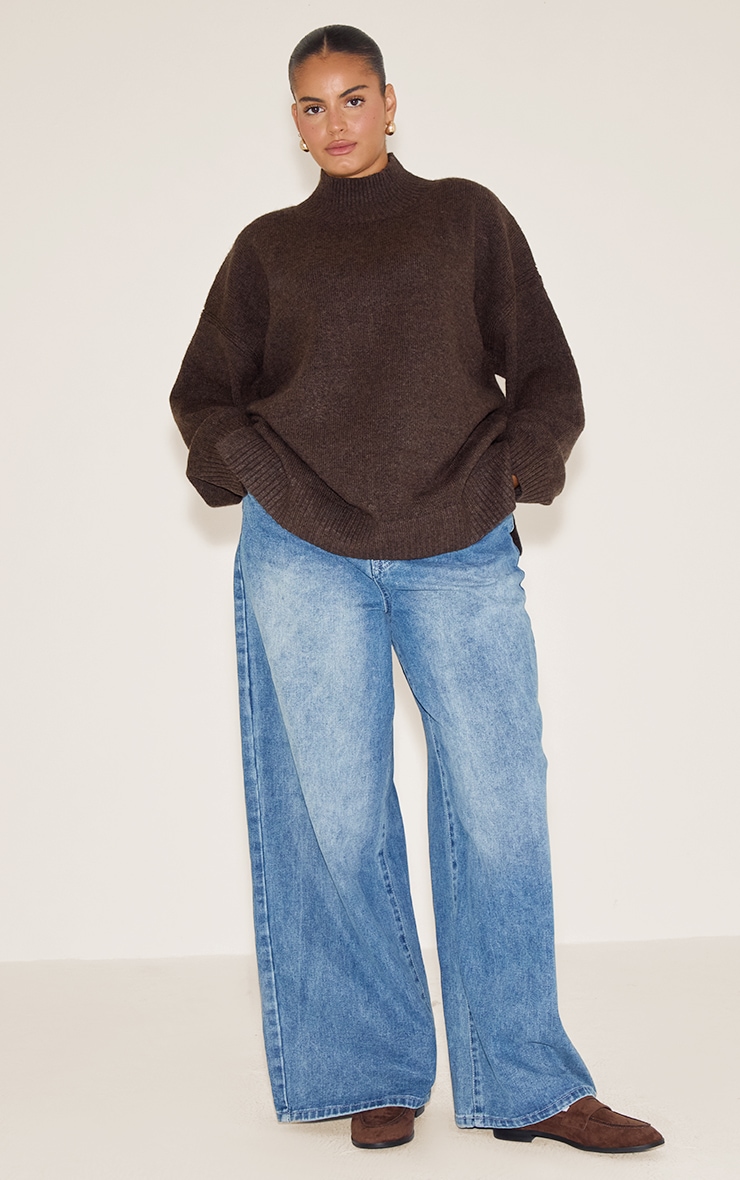 Plus Chocolate Knit Oversized Polo Neck Sweater image 3