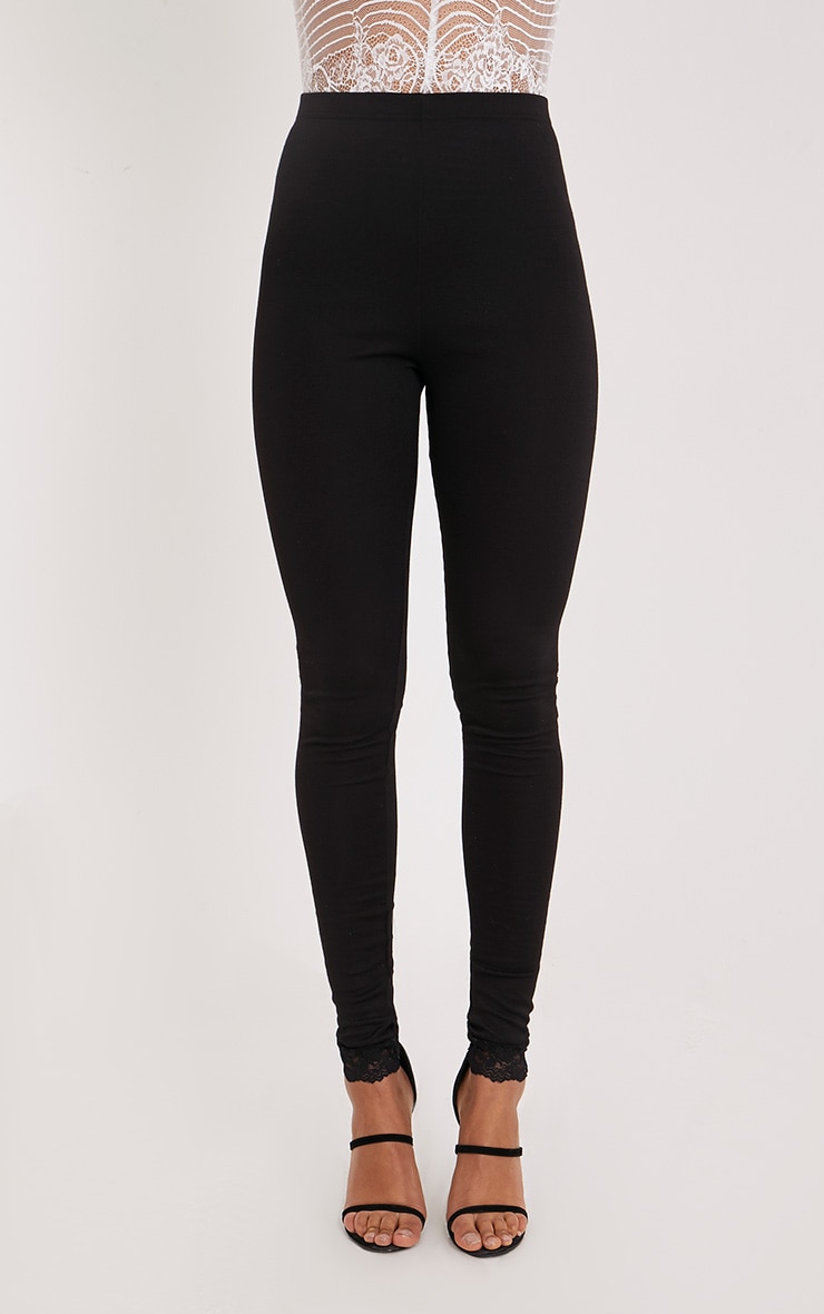 Kamara Black Lace Trim Leggings Leggings PrettyLittleThing