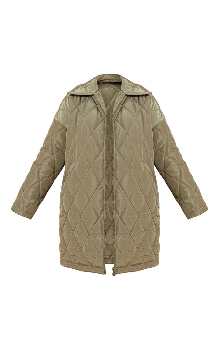 Khaki Nylon Quilted Longline Coat image 5