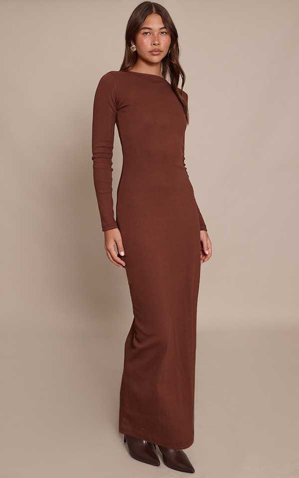 Chocolate Ribbed Boat Neck Long Sleeve Bodycon Maxi Dress
