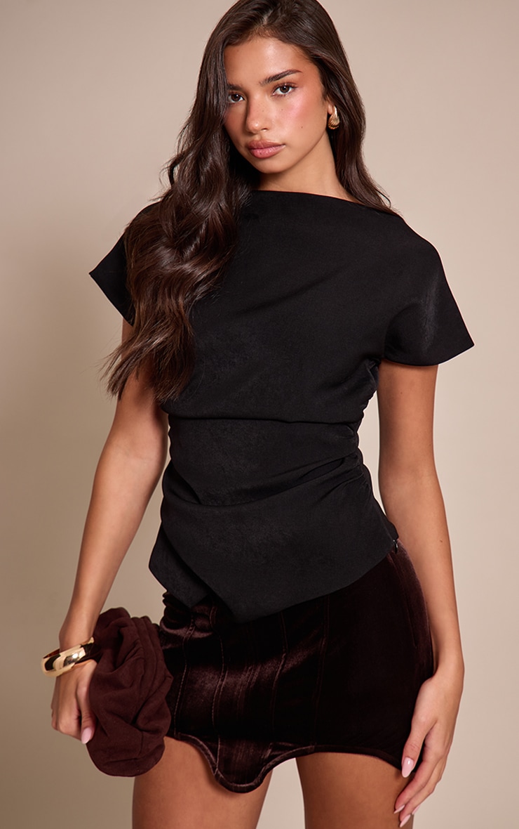 Black Woven Ruched Cinched Waist Top
