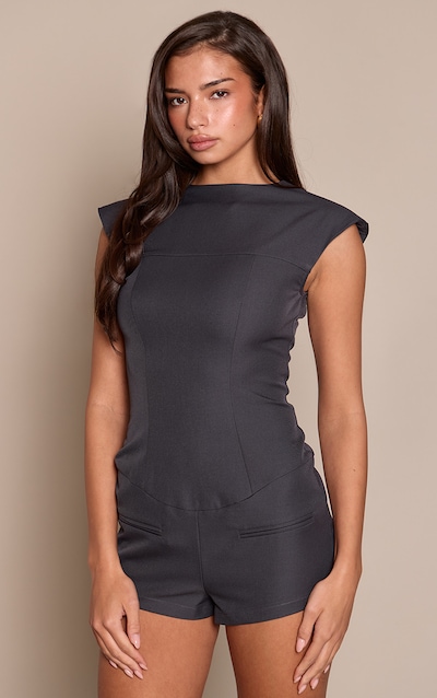 Charcoal Tailored Woven Boatneck Cap Sleeve Playsuit