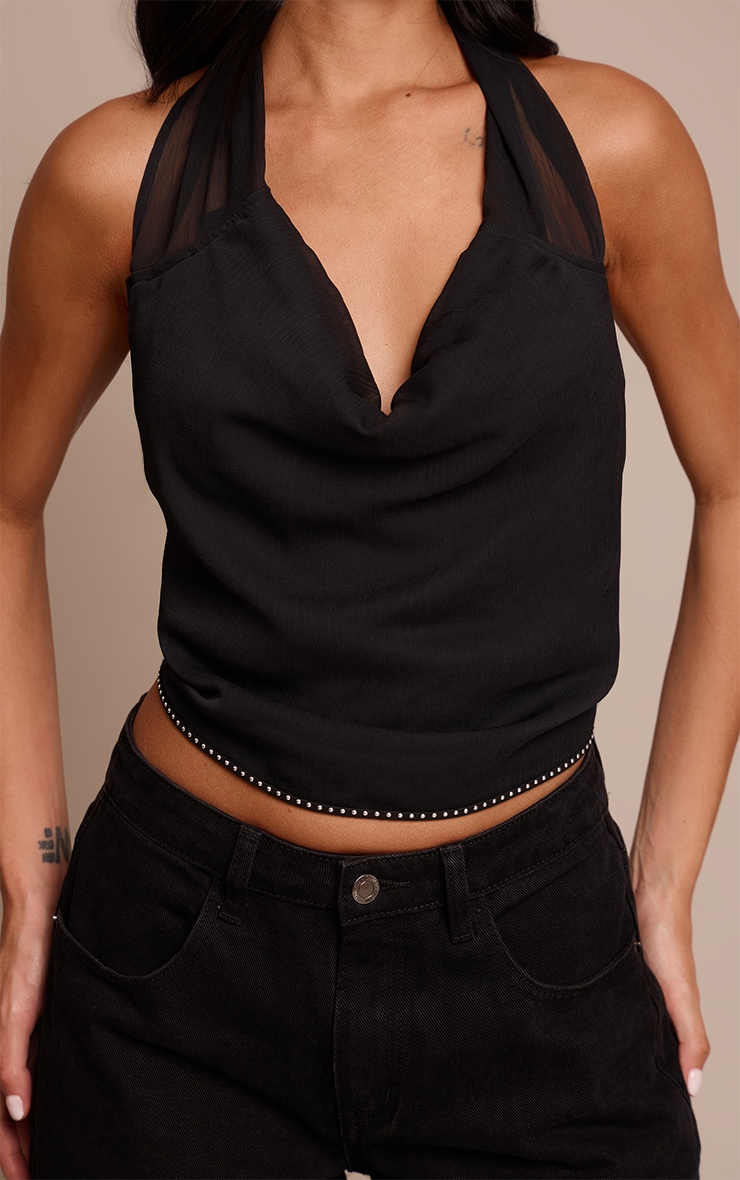 Black Chiffon Studded Detail Cowl Neck Top  image 4