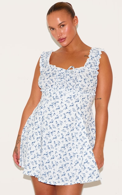 Plus Blue Ditsy Floral Ruched Tie Shift Dress