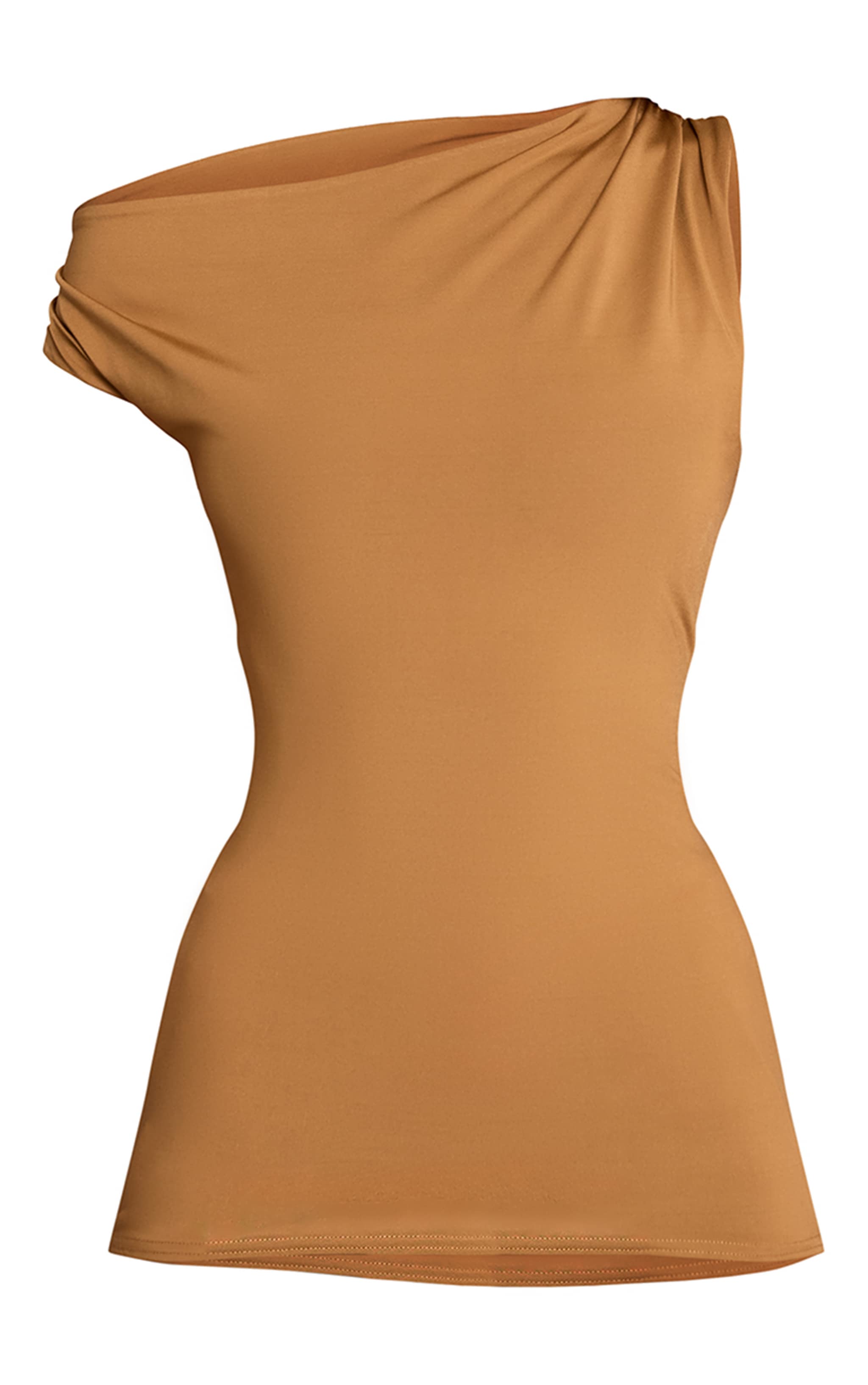 Tan Slinky Asymmetric Ruched Detail Long Top image 5
