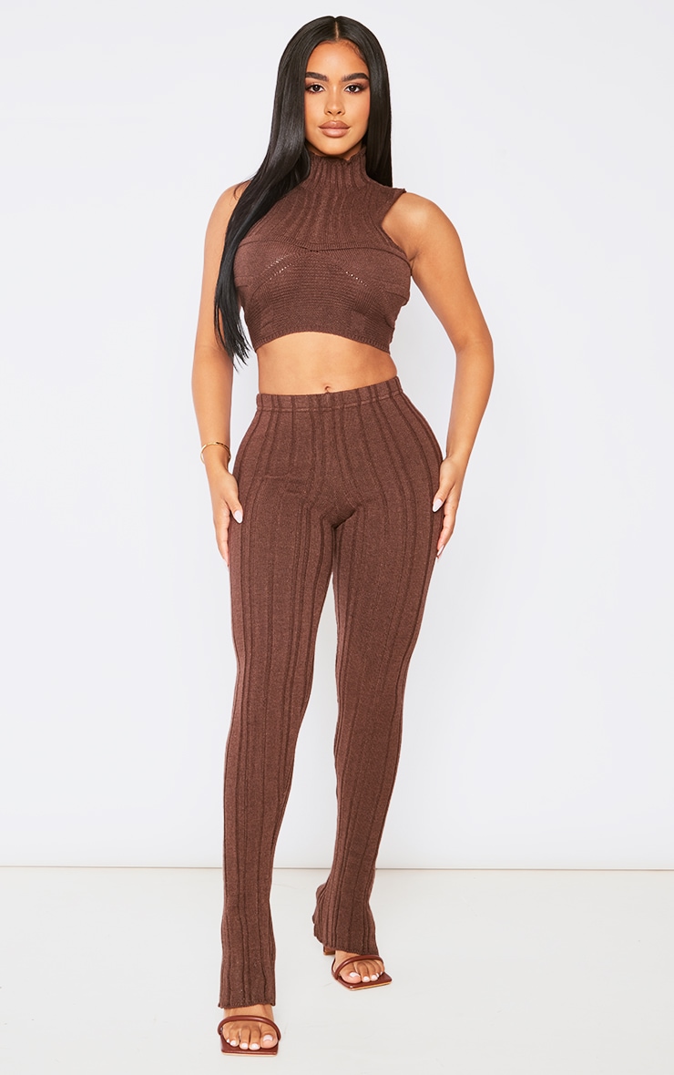 Petite Chocolate Knitted Cup Detail High Neck Crop Top image 3