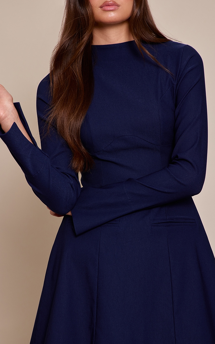 Navy Stretch Woven Boat Neck Flare Sleeve Shift Dress image 4