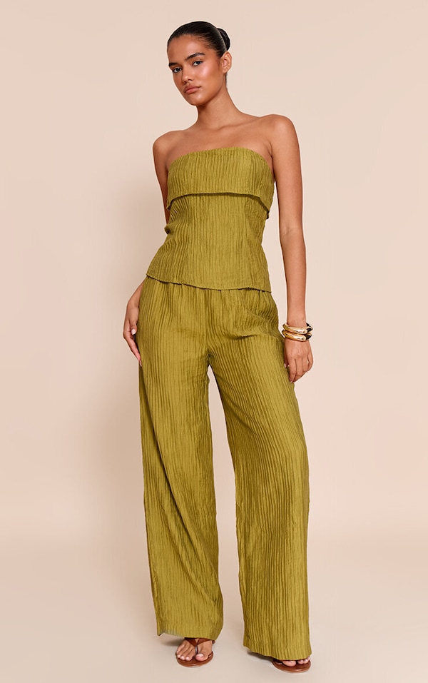 Olive Textured Woven Mid Rise Wide Leg Pants