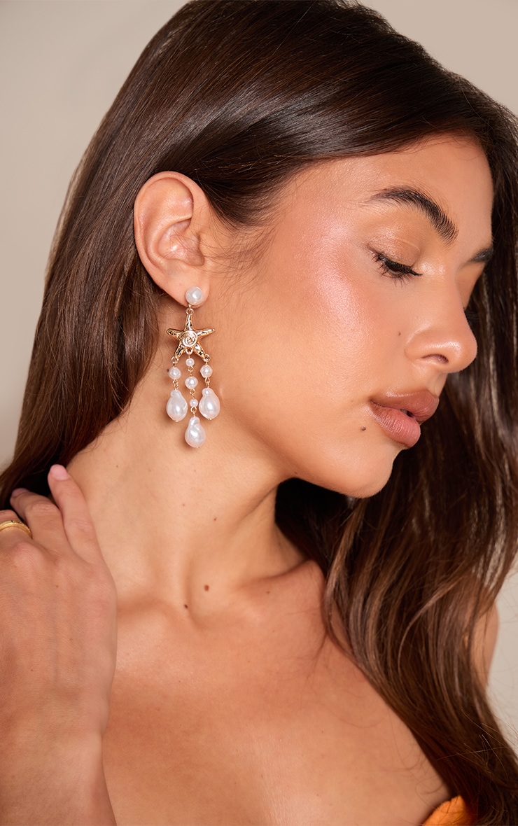 Gold Starfish Pearl Draped Statement Earrings