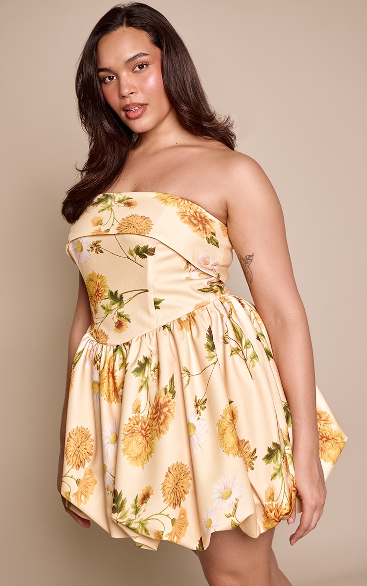 Plus Yellow Floral Print Bandeau Extreme Puffball Dress