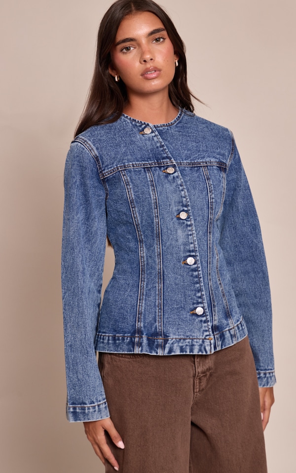 Mid Blue Wash Asymmetric Button Collarless Denim Shirt