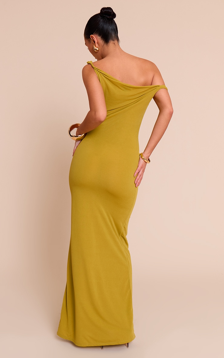 Robe longue asymétrique en mousseline de soie doublée vert olive image 2